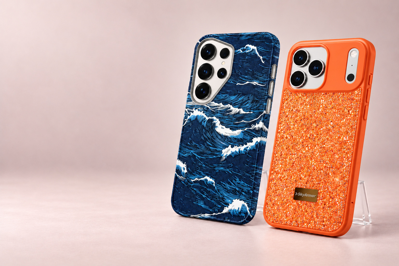 SOO CASE dalga desenli ve SkyArmor turuncu taşlı telefon kılıfları