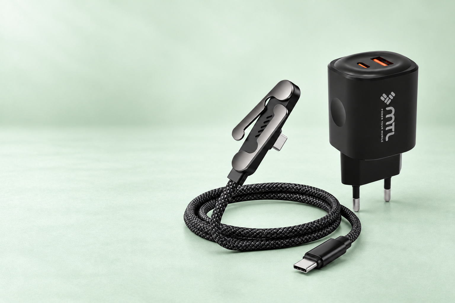 Siyah MTL şarj adaptörü ve örgülü USB-C şarj data kablosu