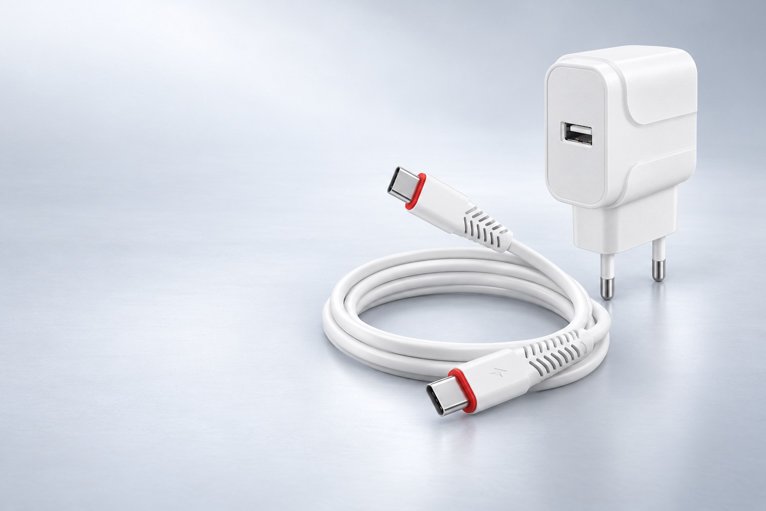 Beyaz duvar şarj cihazı ve USB-C data kablosu