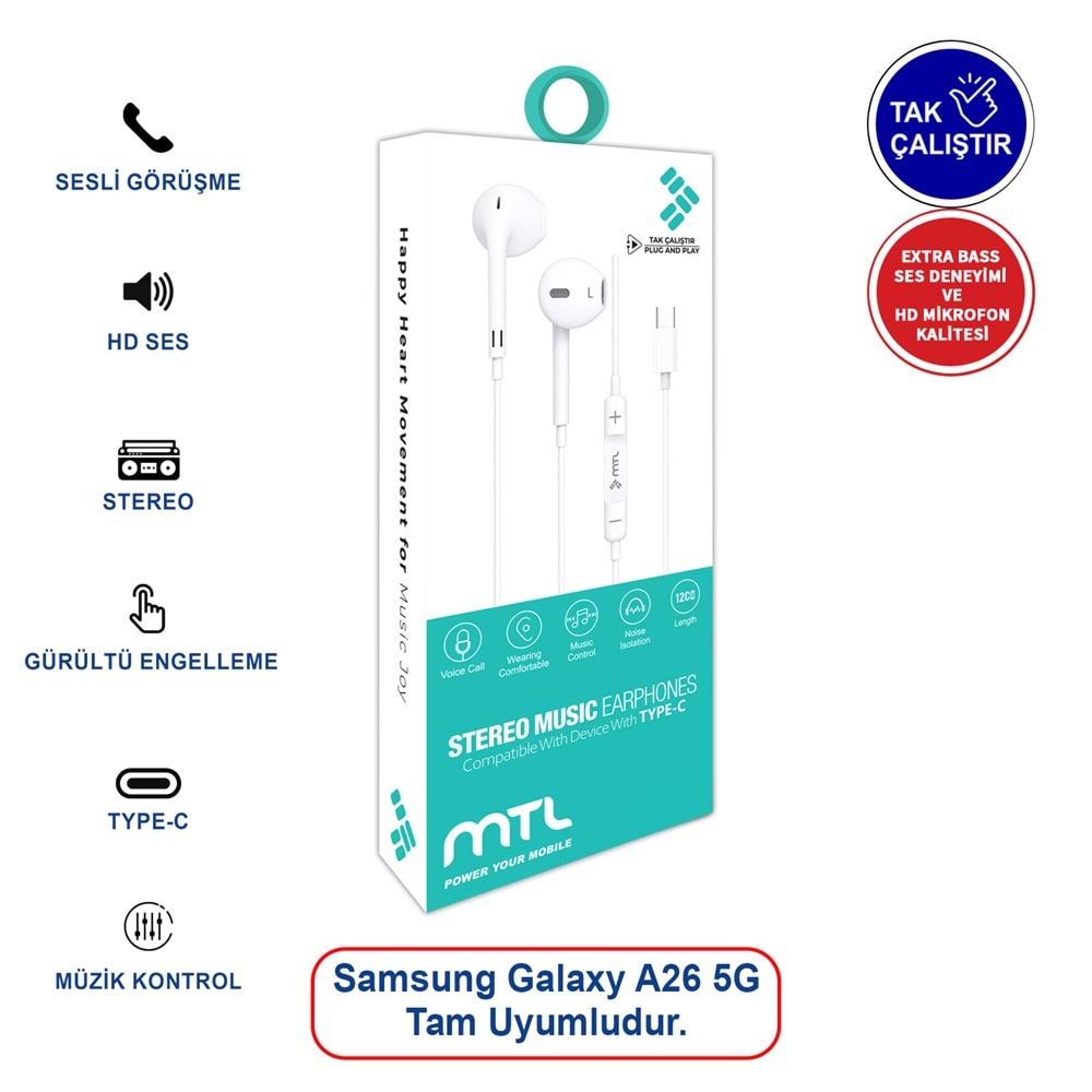 SAMSUNG A26 5G UYUMLU TAK ÇALIŞTIR TYPE-C STEREO KABLOLU KULAKLIK