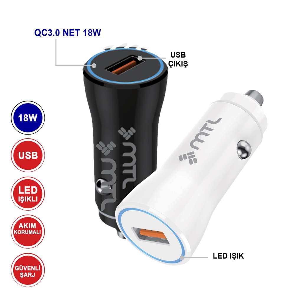MT1812 18W QC 3.0 HIZLI USB ÇIKIŞLI USB ARAÇ ŞARJ ADAPTÖR /100