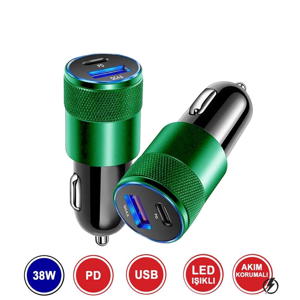 MT1834 38W QC 4.0 HIZLI PD TYPE-C PORT + USB PORT (ÇİFT ÇIKIŞ) TYPE-C LİGHTNİNG ARAÇ ŞARJ CİHAZI 10/100
