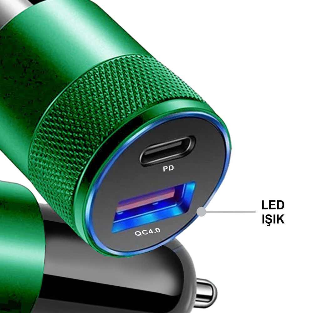 MT1834 38W QC 4.0 HIZLI PD TYPE-C PORT + USB PORT (ÇİFT ÇIKIŞ) TYPE-C LİGHTNİNG ARAÇ ŞARJ CİHAZI 10/100