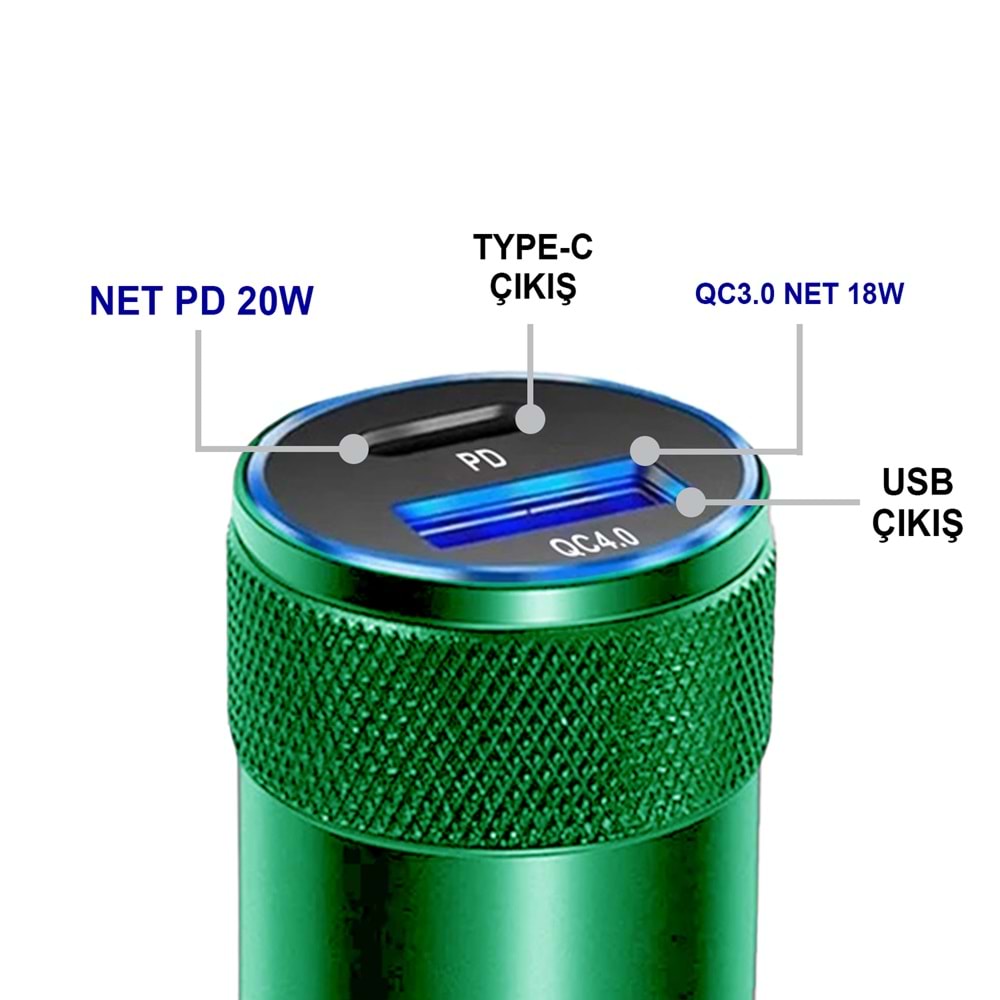 MT1834 38W QC 4.0 HIZLI PD TYPE-C PORT + USB PORT (ÇİFT ÇIKIŞ) TYPE-C LİGHTNİNG ARAÇ ŞARJ CİHAZI 10/100