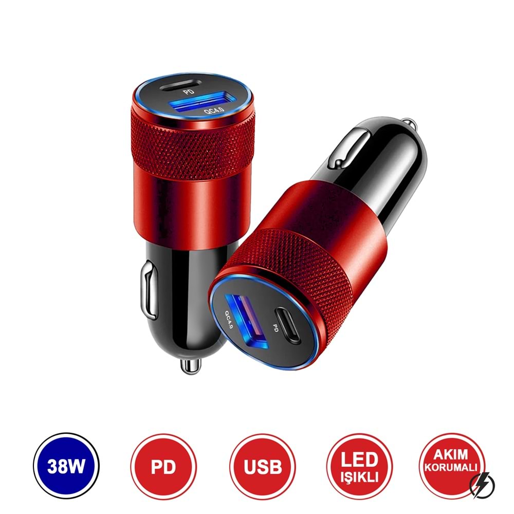 MT1835 38W QC 4.0 HIZLI PD TYPE-C PORT + USB PORT (ÇİFT ÇIKIŞ) TYPE-C TYPE-C ARAÇ ŞARJ CİHAZI /10/100