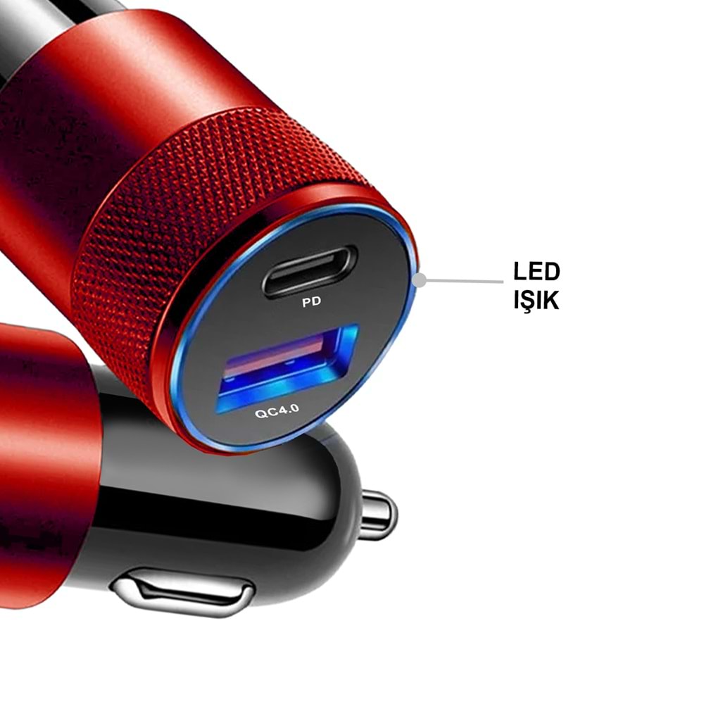 MT1835 38W QC 4.0 HIZLI PD TYPE-C PORT + USB PORT (ÇİFT ÇIKIŞ) TYPE-C TYPE-C ARAÇ ŞARJ CİHAZI /10/100