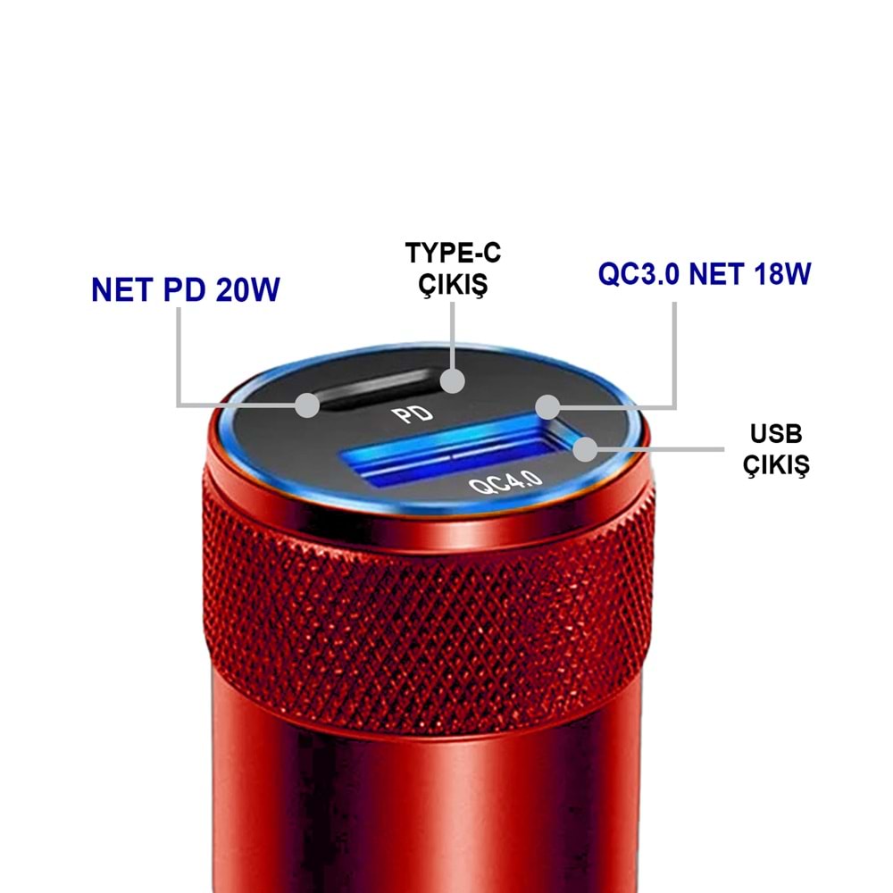MT1835 38W QC 4.0 HIZLI PD TYPE-C PORT + USB PORT (ÇİFT ÇIKIŞ) TYPE-C TYPE-C ARAÇ ŞARJ CİHAZI /10/100