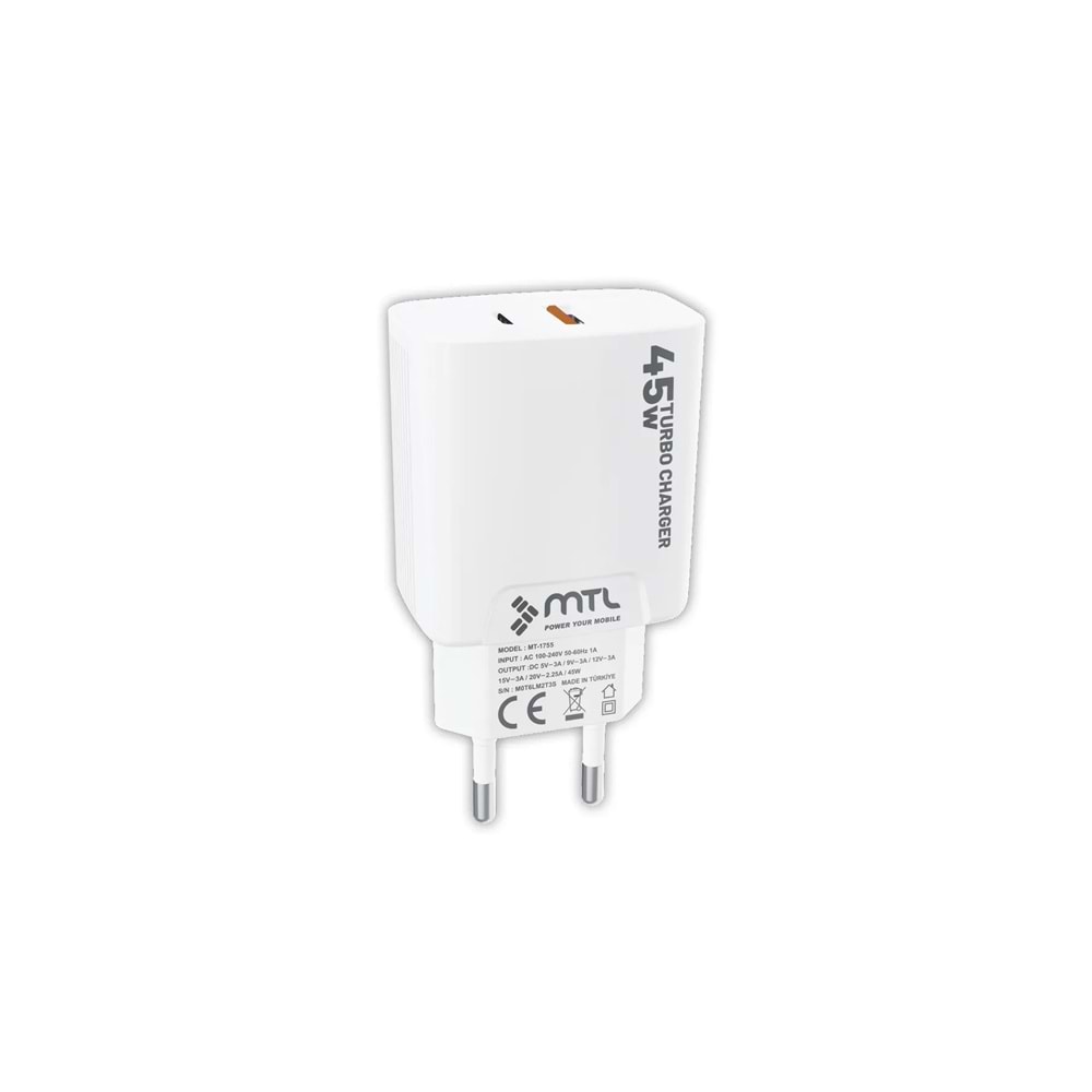 MT1755 45W QC 4.0 SÜPER TURBO PD TYPE-C PORT+USB PORT (ÇİFT ÇIKIŞ) EV ŞARJ ADAPTÖR /10/200