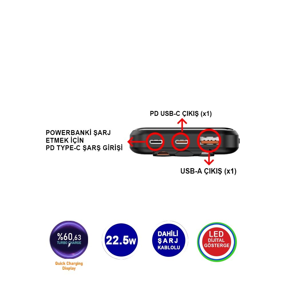 MT4310 10.000 MAH DAHİLİ KABLOLU 22,5 WATT TURBO ŞARJ POWERBANK /40