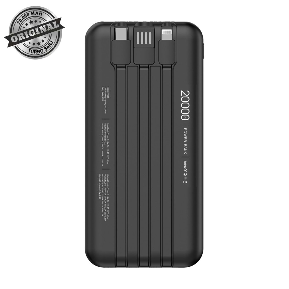 MT4320 20.000 MAH DAHİLİ KABLOLU 22,5 WATT TURBO ŞARJ POWERBANK /40