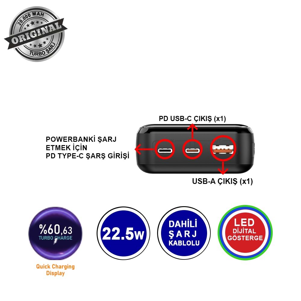 MT4320 20.000 MAH DAHİLİ KABLOLU 22,5 WATT TURBO ŞARJ POWERBANK /40