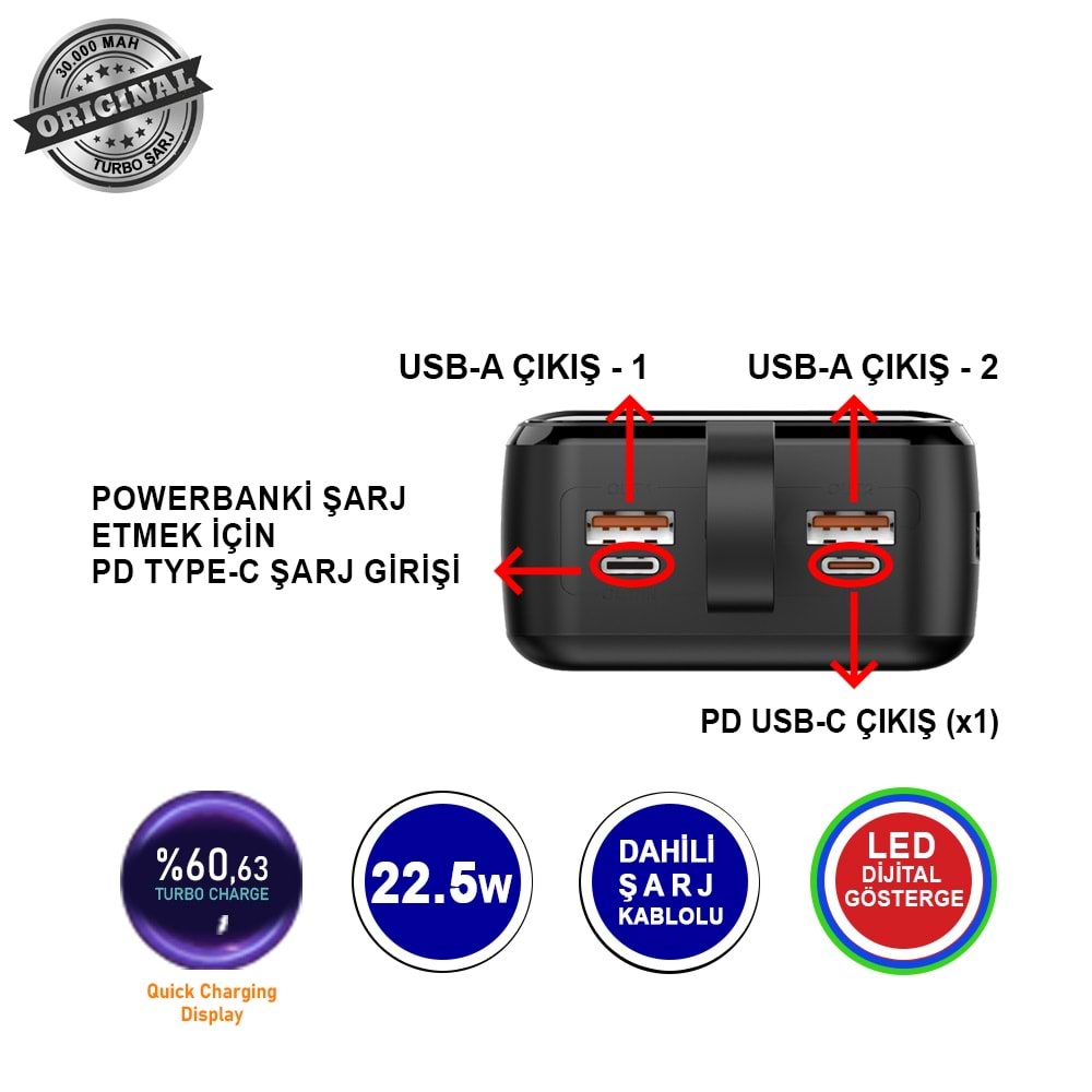 MT4330 30.000 MAH DAHİLİ KABLOLU 22,5 WATT TURBO ŞARJ POWERBANK /32