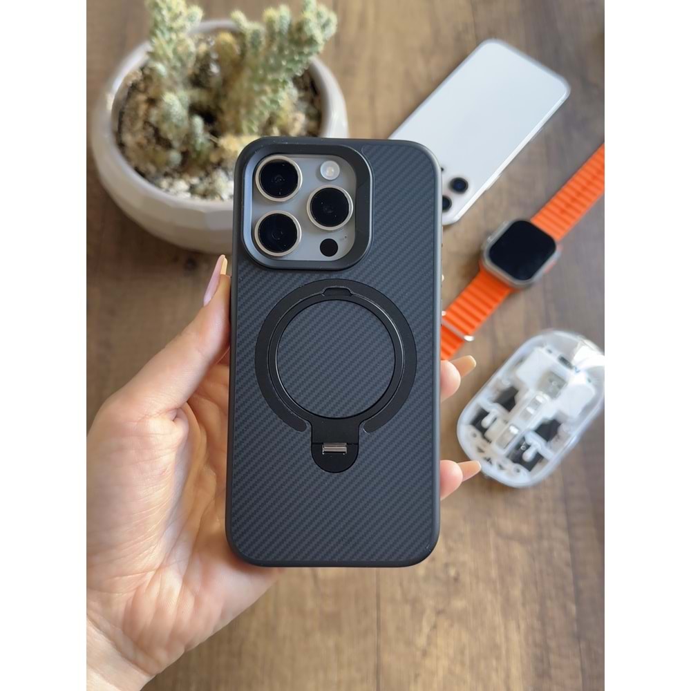 IPHONE 14 PRO MAGSAFE UYUMLU STANDLI KARBON SOO-700 SİLİKON KILIF