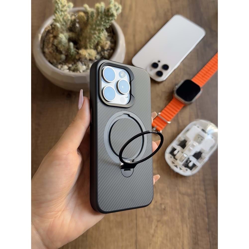 IPHONE 14 PRO MAGSAFE UYUMLU STANDLI KARBON SOO-700 SİLİKON KILIF