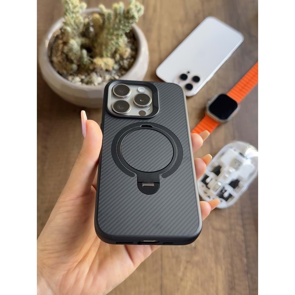 IPHONE 14 PRO MAGSAFE UYUMLU STANDLI KARBON SOO-700 SİLİKON KILIF