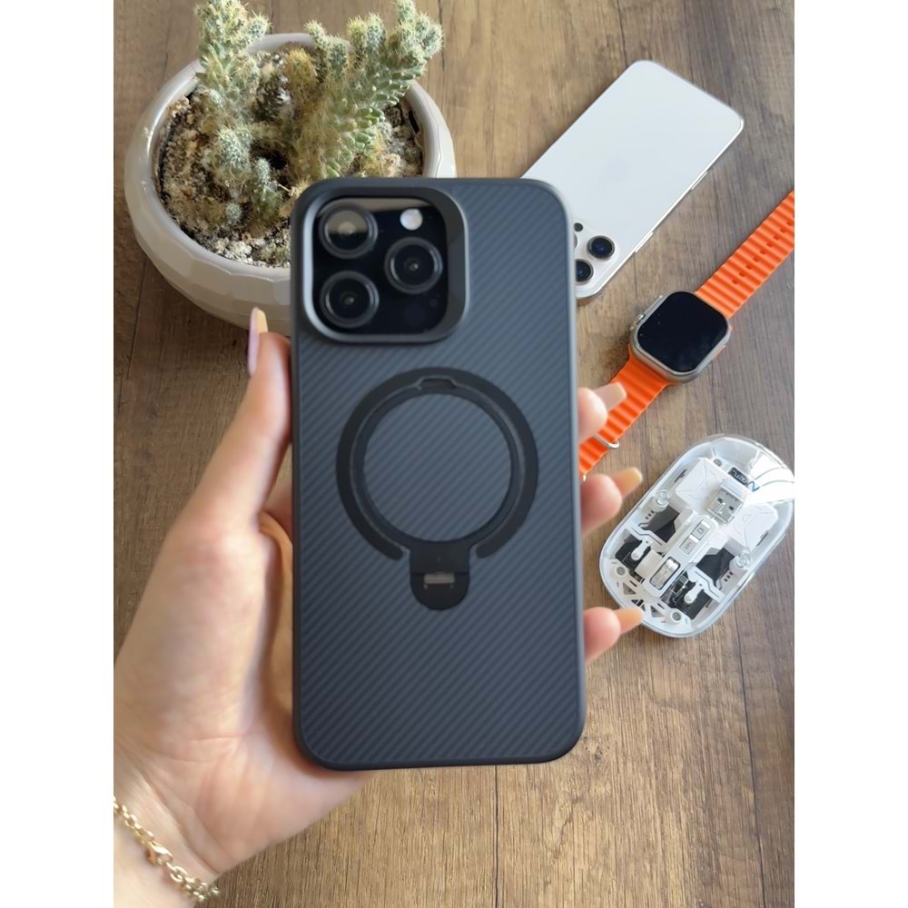 IPHONE 14 PRO MAX MAGSAFE UYUMLU STANDLI KARBON SOO-700 SİLİKON KILIF