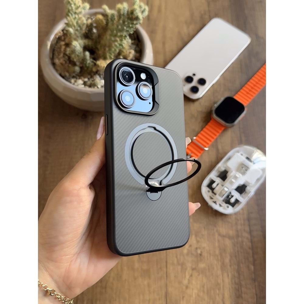 IPHONE 14 PRO MAX MAGSAFE UYUMLU STANDLI KARBON SOO-700 SİLİKON KILIF