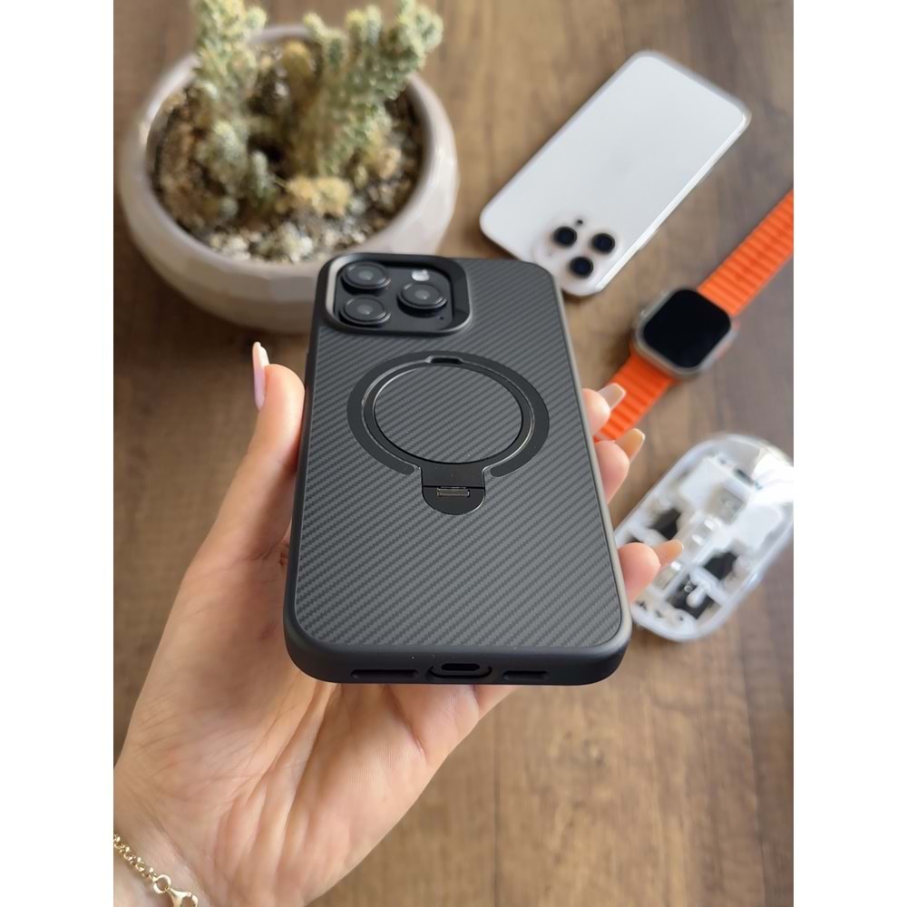 IPHONE 15 PRO MAX MAGSAFE UYUMLU STANDLI KARBON SOO-700 SİLİKON KILIF