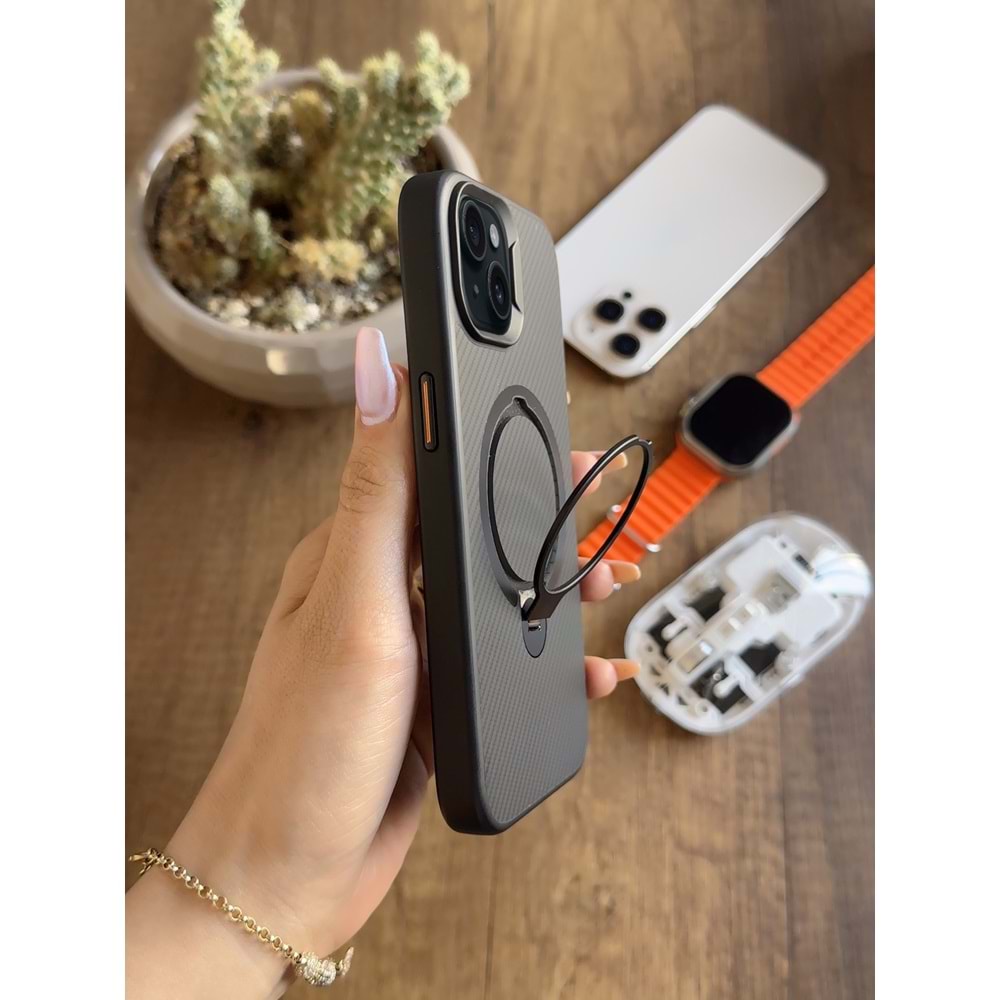 IPHONE 14 MAGSAFE UYUMLU STANDLI KARBON SOO-700 SİLİKON KILIF