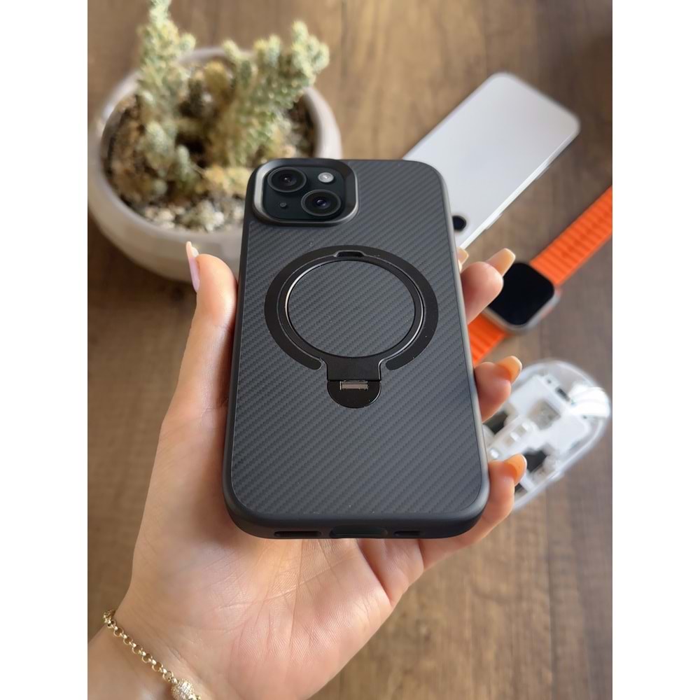 IPHONE 14 MAGSAFE UYUMLU STANDLI KARBON SOO-700 SİLİKON KILIF
