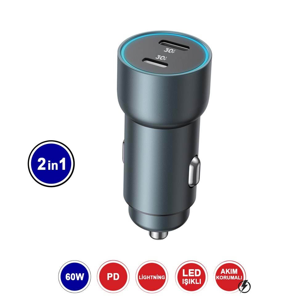MT1836 60W QC 4.0 HIZLI PD TYPE-C PORT + LİGHTNİNG PORT (ÇİFT ÇIKIŞ) ARAÇ ŞARJ CİHAZI 10/100