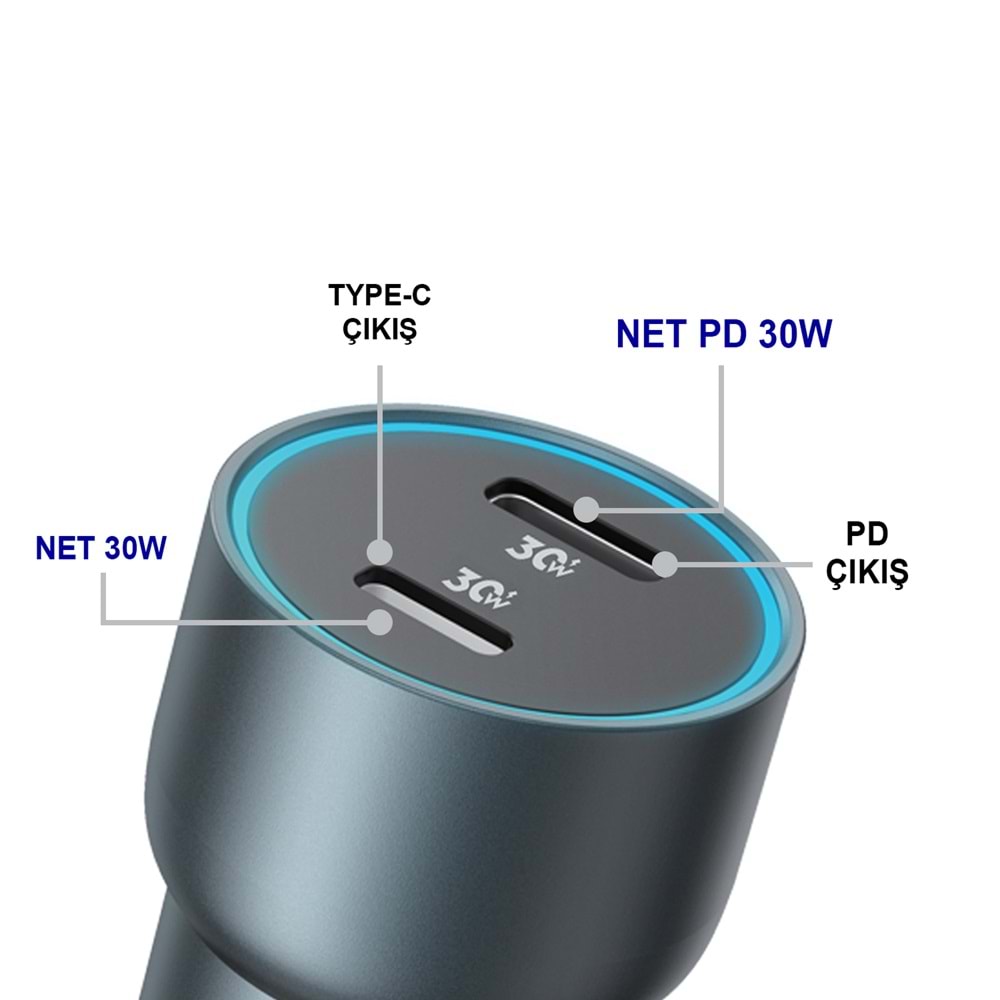 MT1836 60W QC 4.0 HIZLI PD TYPE-C PORT + LİGHTNİNG PORT (ÇİFT ÇIKIŞ) ARAÇ ŞARJ CİHAZI 10/100