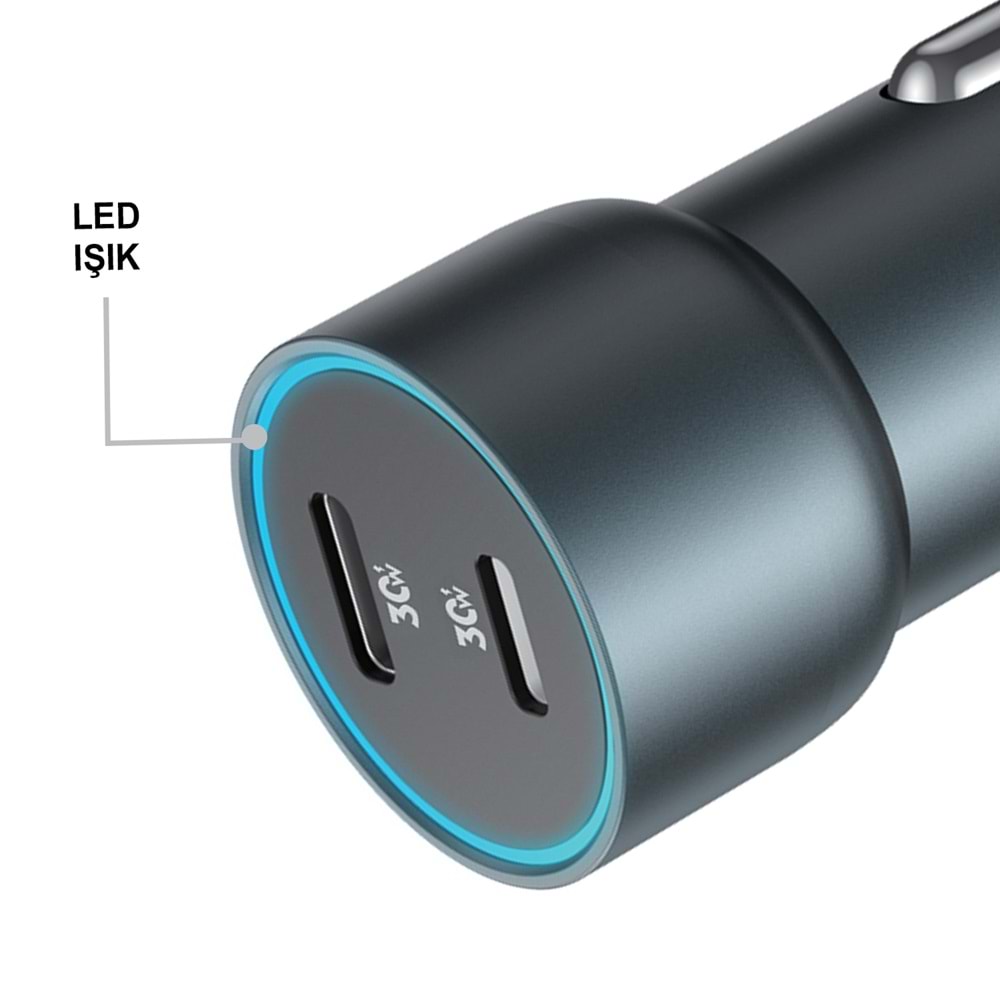 MT1836 60W QC 4.0 HIZLI PD TYPE-C PORT + LİGHTNİNG PORT (ÇİFT ÇIKIŞ) ARAÇ ŞARJ CİHAZI 10/100