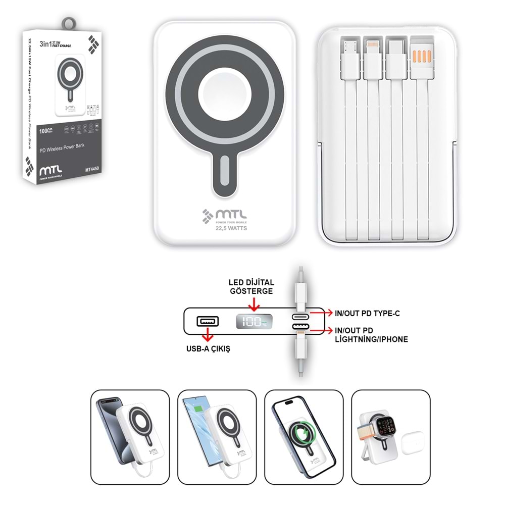 MT4450 10.000 MAH MAGSAFE DAHİLİ KABLOLU 37.5 W PD ŞARJ POWERBANK /60 - BEYAZ