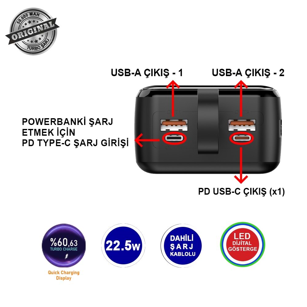 MT4350 50.000 MAH DAHİLİ KABLOLU 22,5 WATT TURBO ŞARJ POWERBANK /20