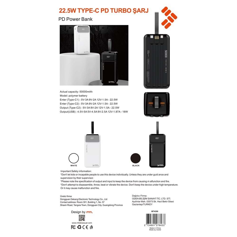 MT4350 50.000 MAH DAHİLİ KABLOLU 22,5 WATT TURBO ŞARJ POWERBANK /20