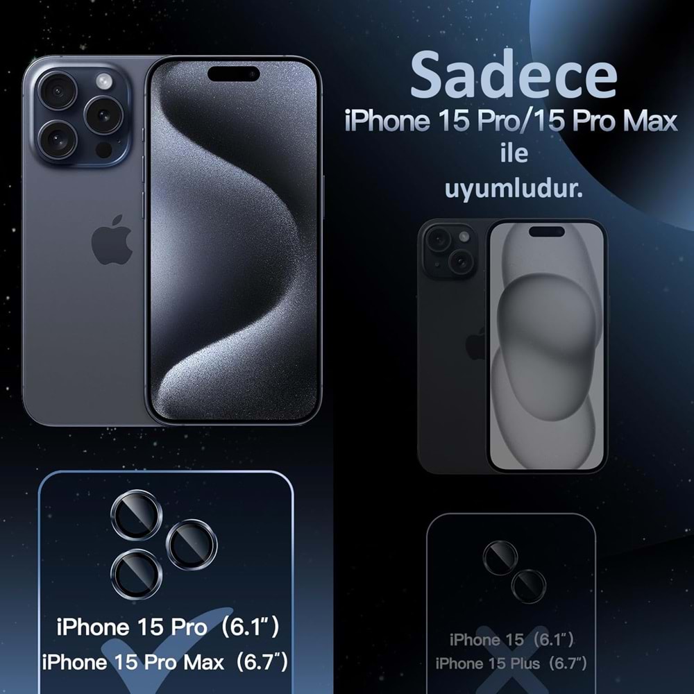 IPHONE 15 PRO / IPHONE 15 PRO MAX SAFİR LENS KORUMA - BLUE TİTANİUM