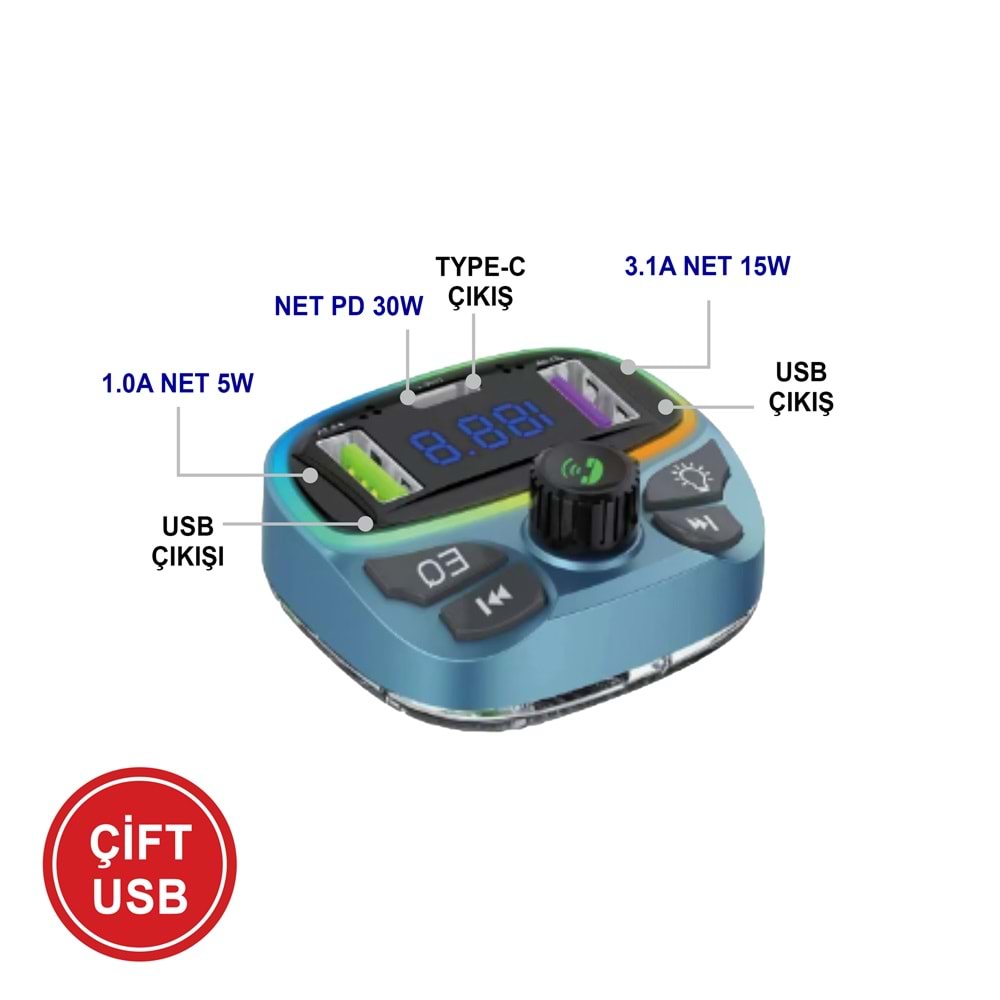 MT9877 50 WATT PD ŞARJLI BLUETOOTH FM MODÜLATÖR