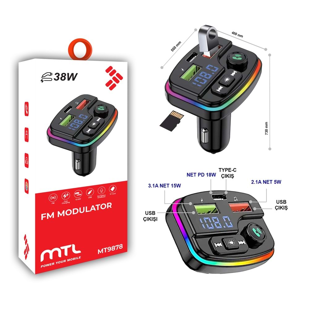 MT9878 38 WATT PD ŞARJLI BLUETOOTH FM MODÜLATÖR