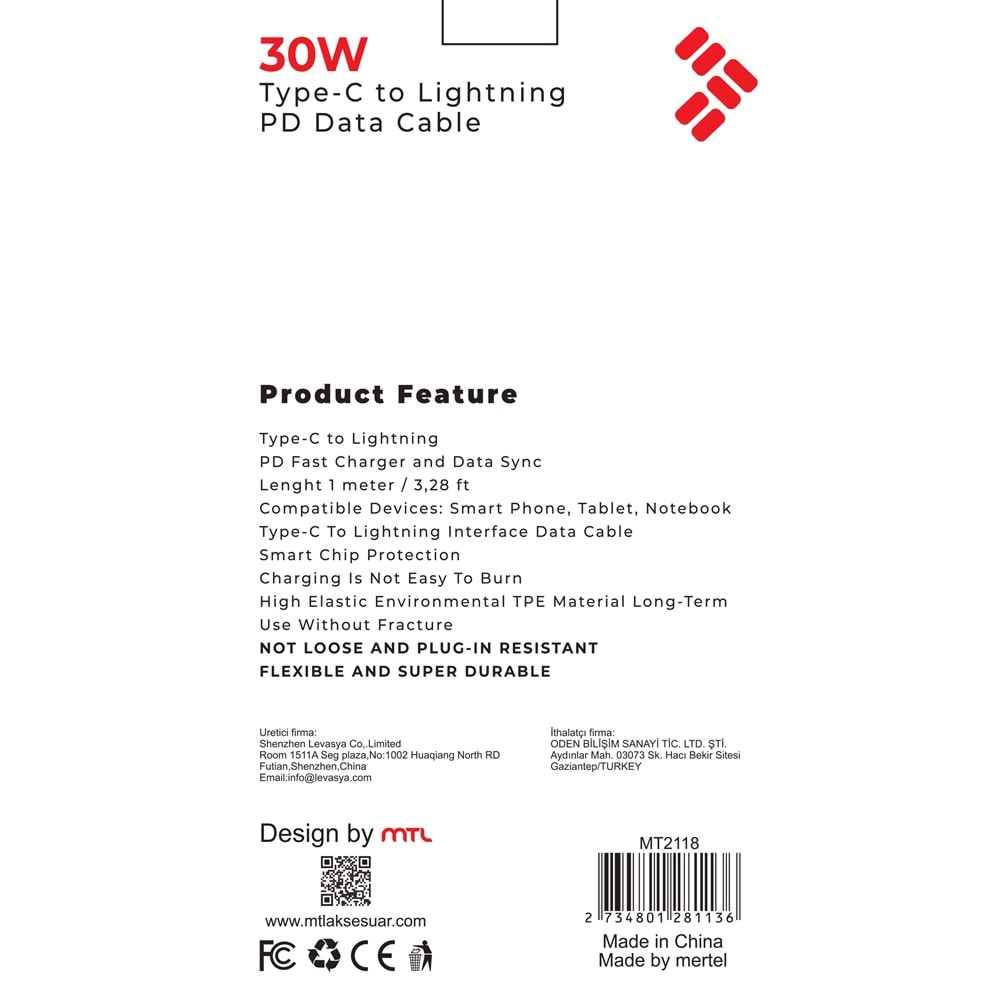 MT2118 30W LİGHTNİNG TO TYPE-C PD ŞARJ DATA KABLO 10/200