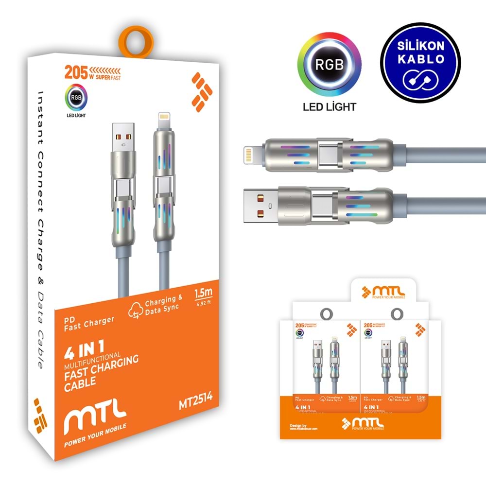 MT2514 205W 4İN1 LED IŞIKLI ŞARJ DATA KABLO 10/200