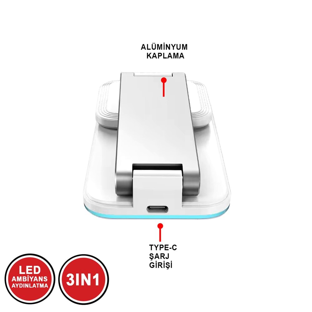 S16 MASA ÜSTÜ 3İN1 15 WATT WİRELESS ŞARJ STANDI /10/50