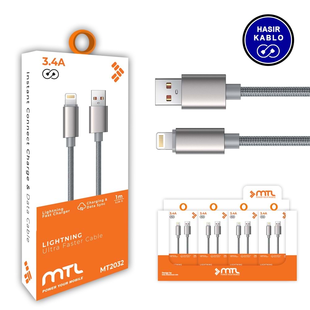 MT2032 3.4A LİGHTNİNG USB ŞARJ DATA KABLO 30/300