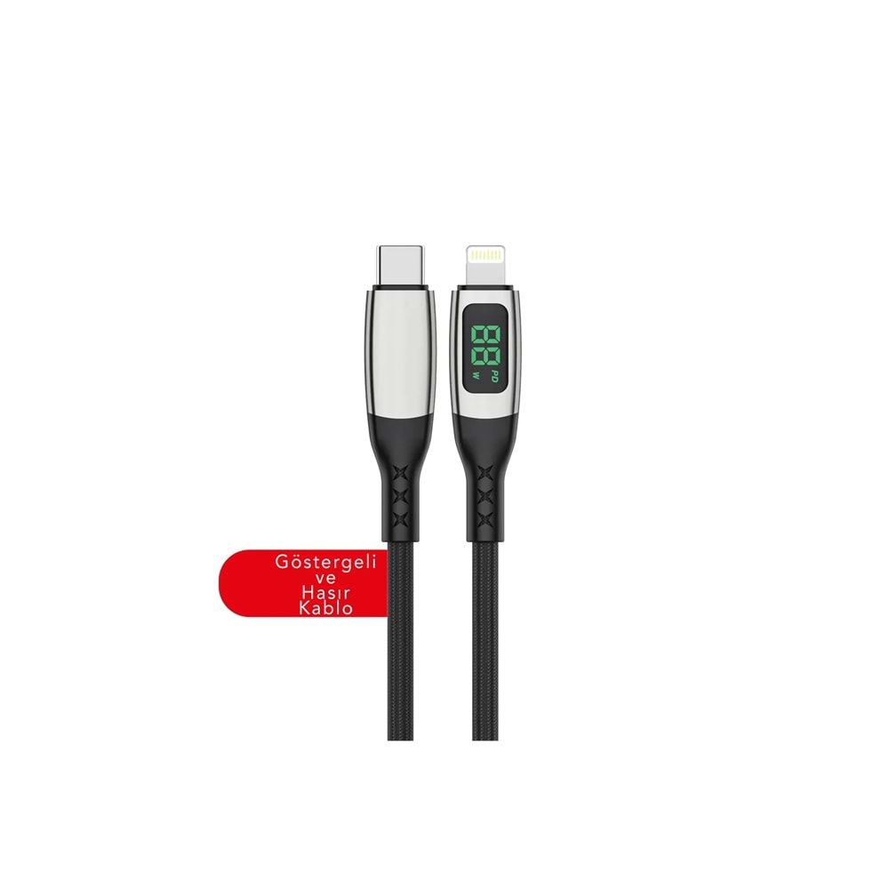 MT2216 30W LCD EKRANLI 1M TYPE-C TO LİGHTNİNG PD ŞARJ DATA KABLO 10/200