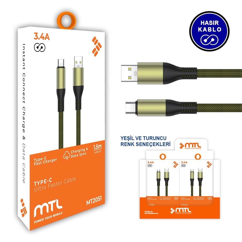 MT2051 3.4A 1.5 METRE TYPE C USB ŞARJ DATA KABLO