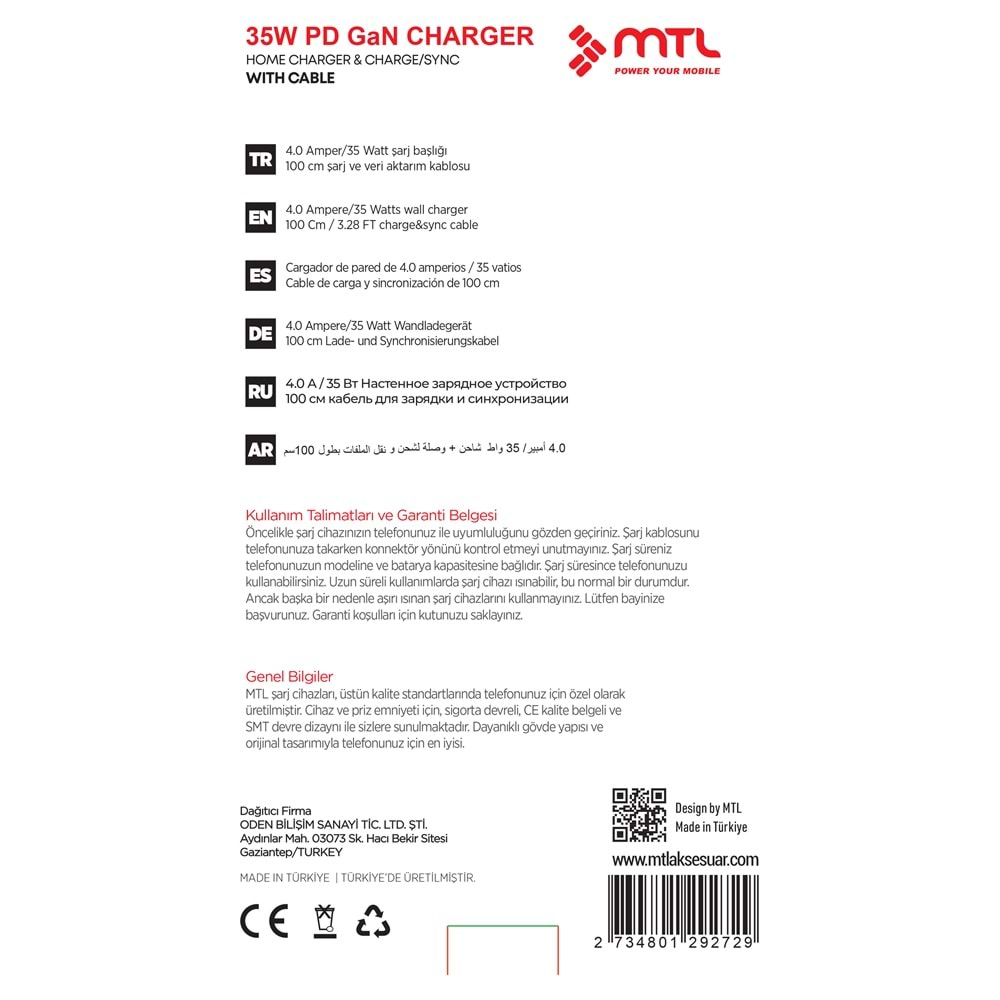 MT1735 35W GAN QC 4.0 PD TYPE-C TO TYPE-C EV ŞARJ CİHAZI