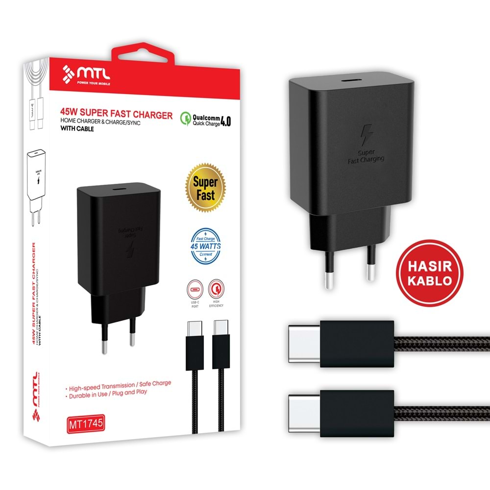 MT1745 45W SÜPER FAST QC 4.0 PD TYPE-C TO TYPE-C EV ŞARJ CİHAZI