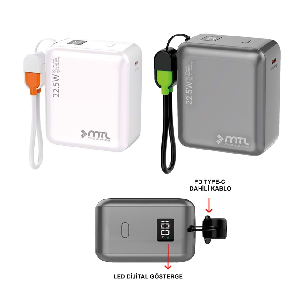 MT4515 15.000 MAH DAHİLİ KABLOLU 22.5 WATT TURBO ŞARJ POWERBANK /10/60