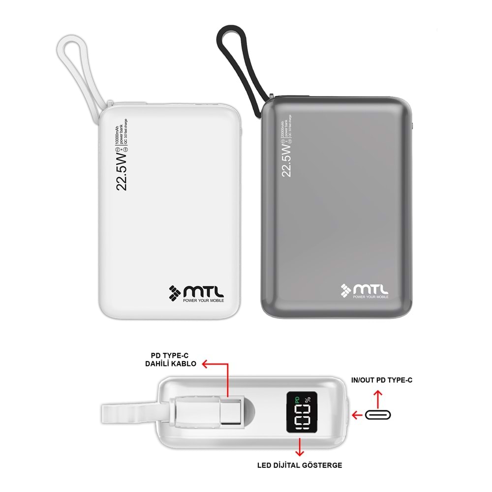 MT4550 20.000 MAH DAHİLİ KABLOLU 22.5 WATT TURBO ŞARJ POWERBANK /12/96