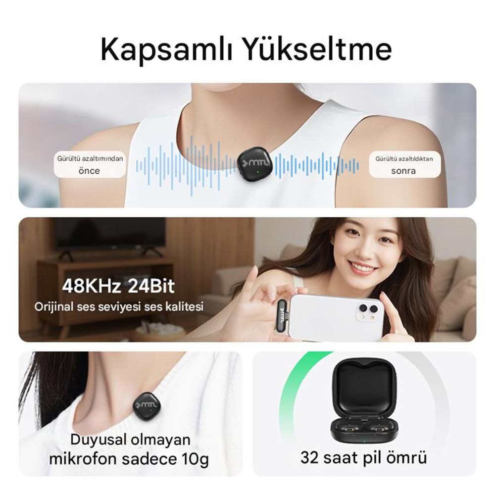 MT936 TYPE-C MİNİ KABLOSUZ BLUETOOTH 2 KİŞİLİK YAKA MİKROFONU