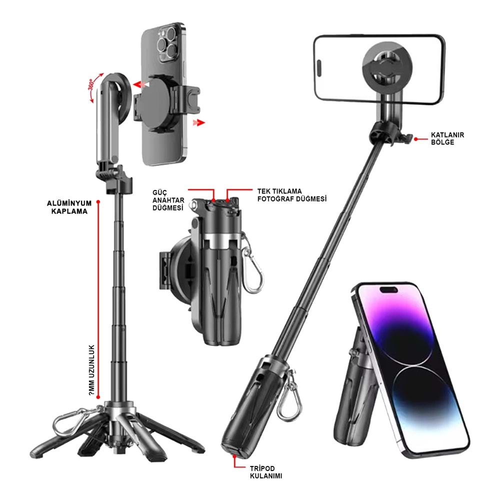 MT6633 ALL IN ONE MULTI MAGSAFE SELFİE ÇUBUĞU & TRİPOD
