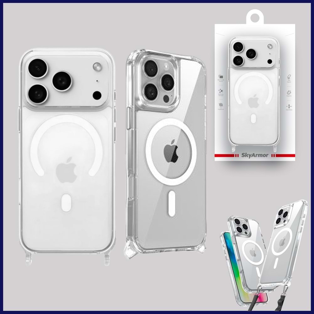 IPHONE 15 PRO MAX MAGSAFE UYUMLU ÖZEL BOYUN İPİ APARATLI ŞEFFAF SKY-103 TELEFON KILIF