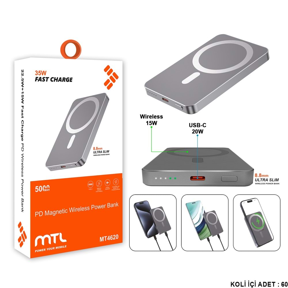 MT4620 5.000 MAH SLIM MAGSAFE UYUMLU 35W PD ŞARJ POWERBANK /60