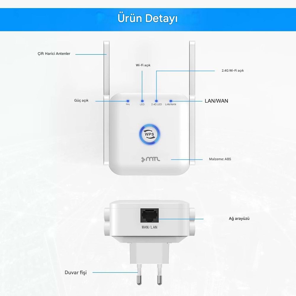 MT8650 KABLOSUZ WİFİ TEKRARLAYICI / GENİŞLETİCİ / YÖNLENDİRİCİ 1200 Mbit/s /50