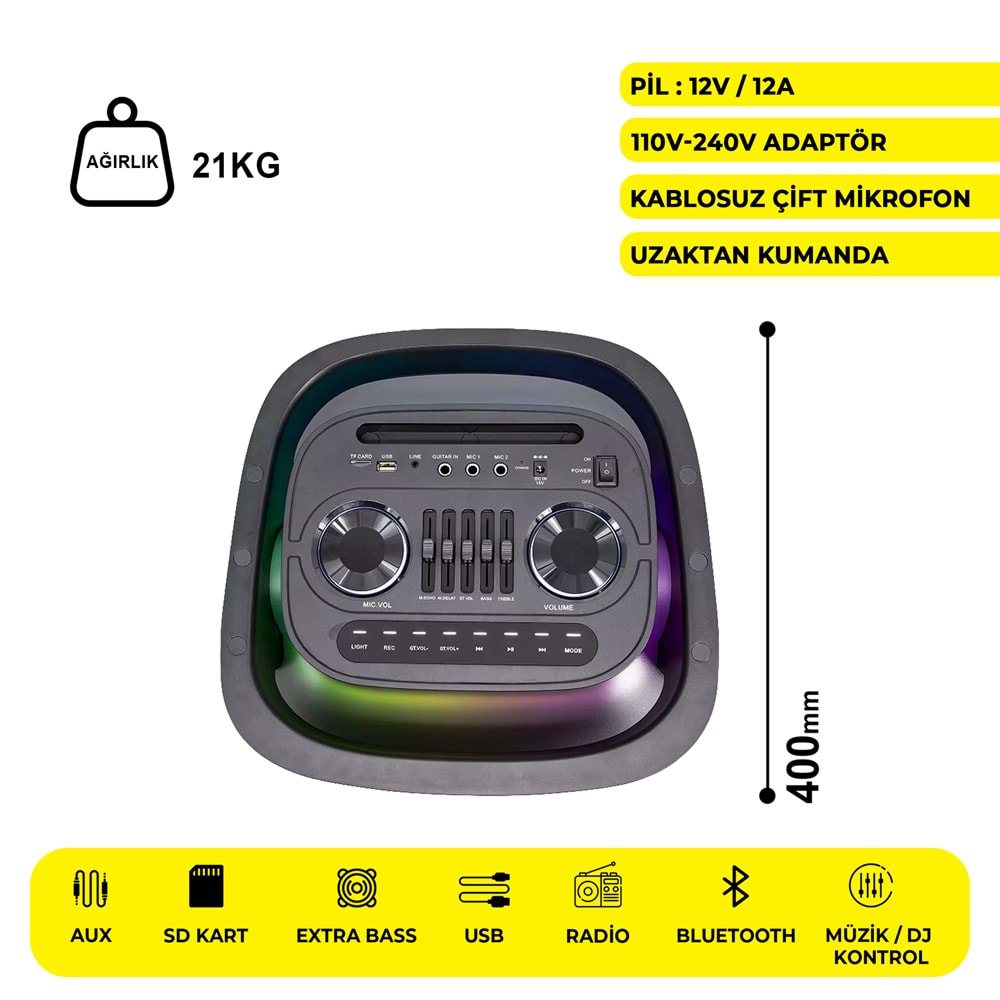 MEİRENDE MRD-1000W 2 X 10 İNÇ PARTYBOX KAREOKE BLUETOOTH SPEAKER