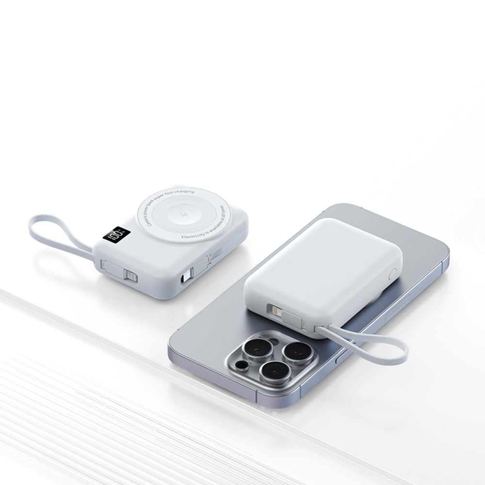 MT4580 10.000 MAH 4İN1 DAHİLİ KABLOLU MANYETİK MAGSAFE PD ŞARJ POWERBANK 60/ BEYAZ
